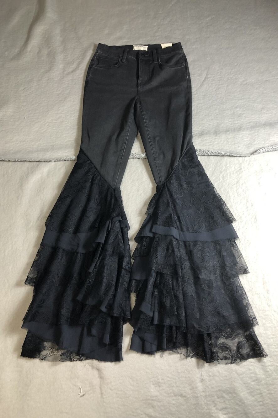 New We The Free Jeans 26 Black Mystique High Rise Lace Flare Denim Y2K Retro
